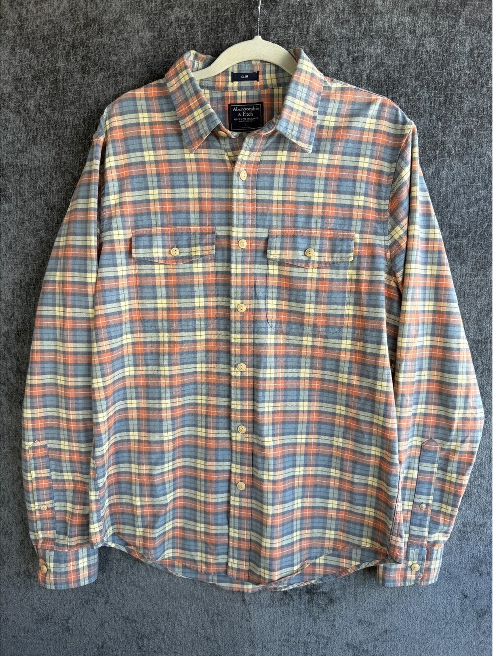 Abercrombie & Fitch Slim Plaid Flannel Shirt Mens Large Blue Orange Button Up